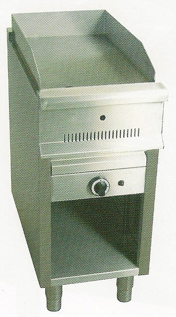 Fry-top de gas serie 550 con placa lisa y mueble de acero inoxidable.