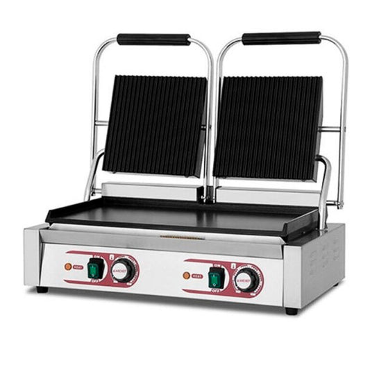 Grill eléctrico de contacto doble Eutron con placas superiores ranuradas e inferior lisa